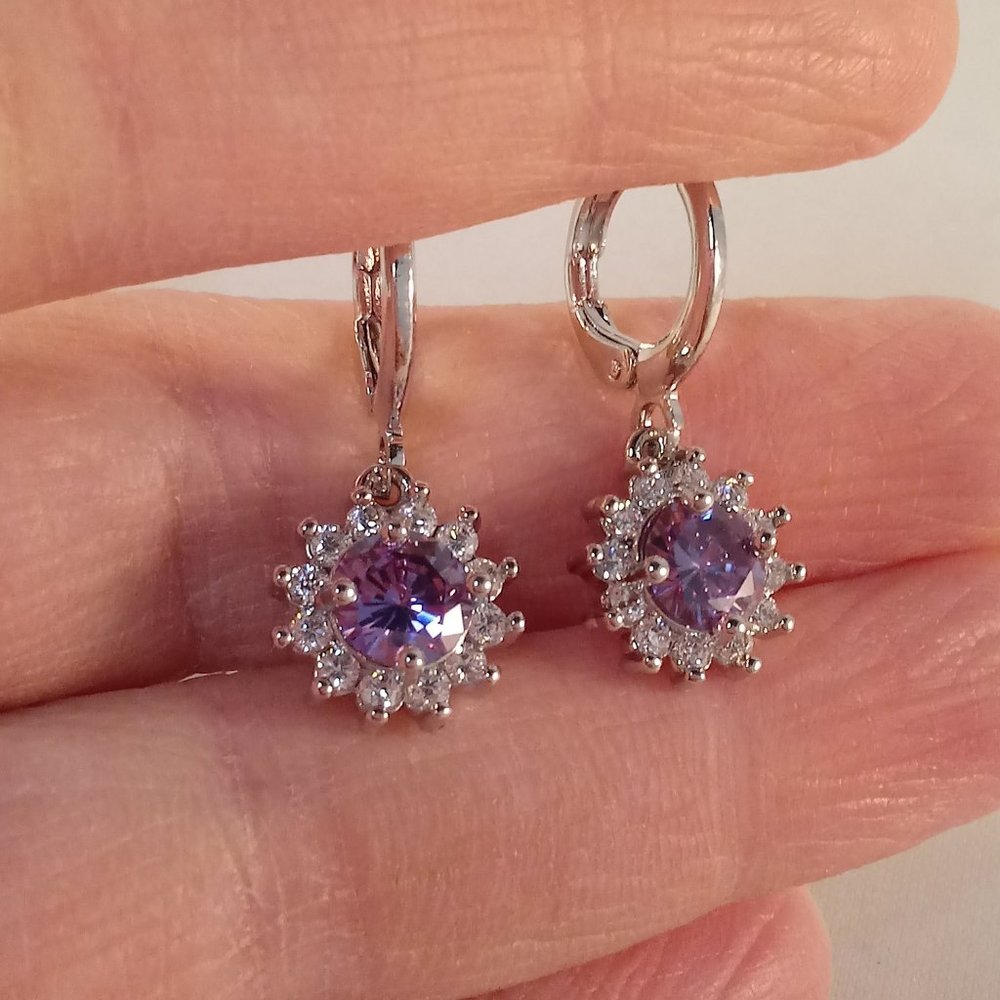 18K White Gold Filled Purple Diamond Zircon Sunflower Dangle Earrings Gorgeous